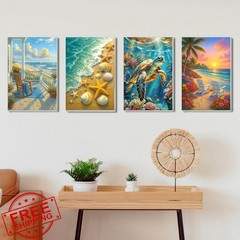 RRMRRM 4pk Paint Numbers Kit Adults Beach Sea Turtle Framed 8×12