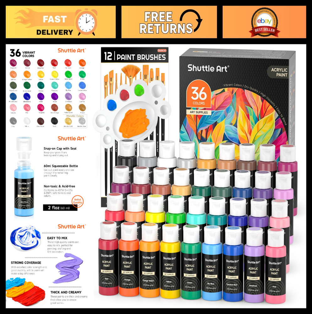 Acrylic Paint Set – 36 Colors, 2oz Bottles, Brushes & Palette, Non-Toxic for Art