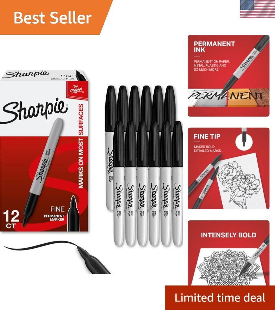 Quick Drying Black Permanent Markers, Fine Tip, Pack of 12 – Fade Resistant Ink