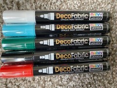 Lot of 5, Marvy DecoFabric Paint Marker Fluorescent Blue, Green, Red, White, Blk