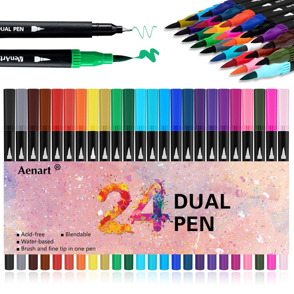Dual Brush Markers 24 Colors Fine Point Pen Art Coloring Drawing Set