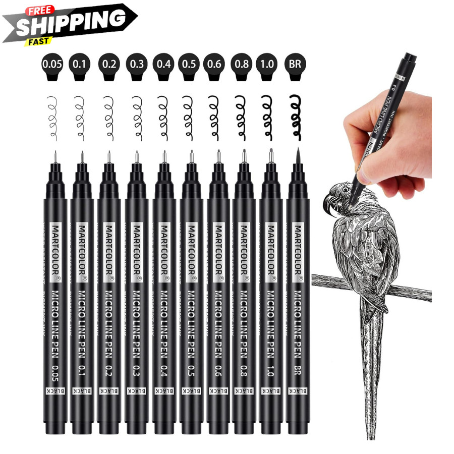 Micro Pen Fineliner Pens 10 Size Fine Point Archival Black Ink MARTCOLOR Artist