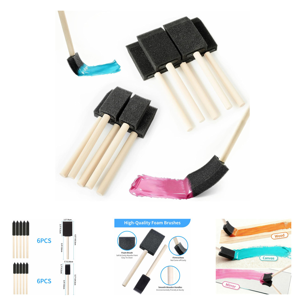 Foam Paint Brush Set 12 Pieces with Wooden Handles 1 Inch 1.5 Inch for Crafts