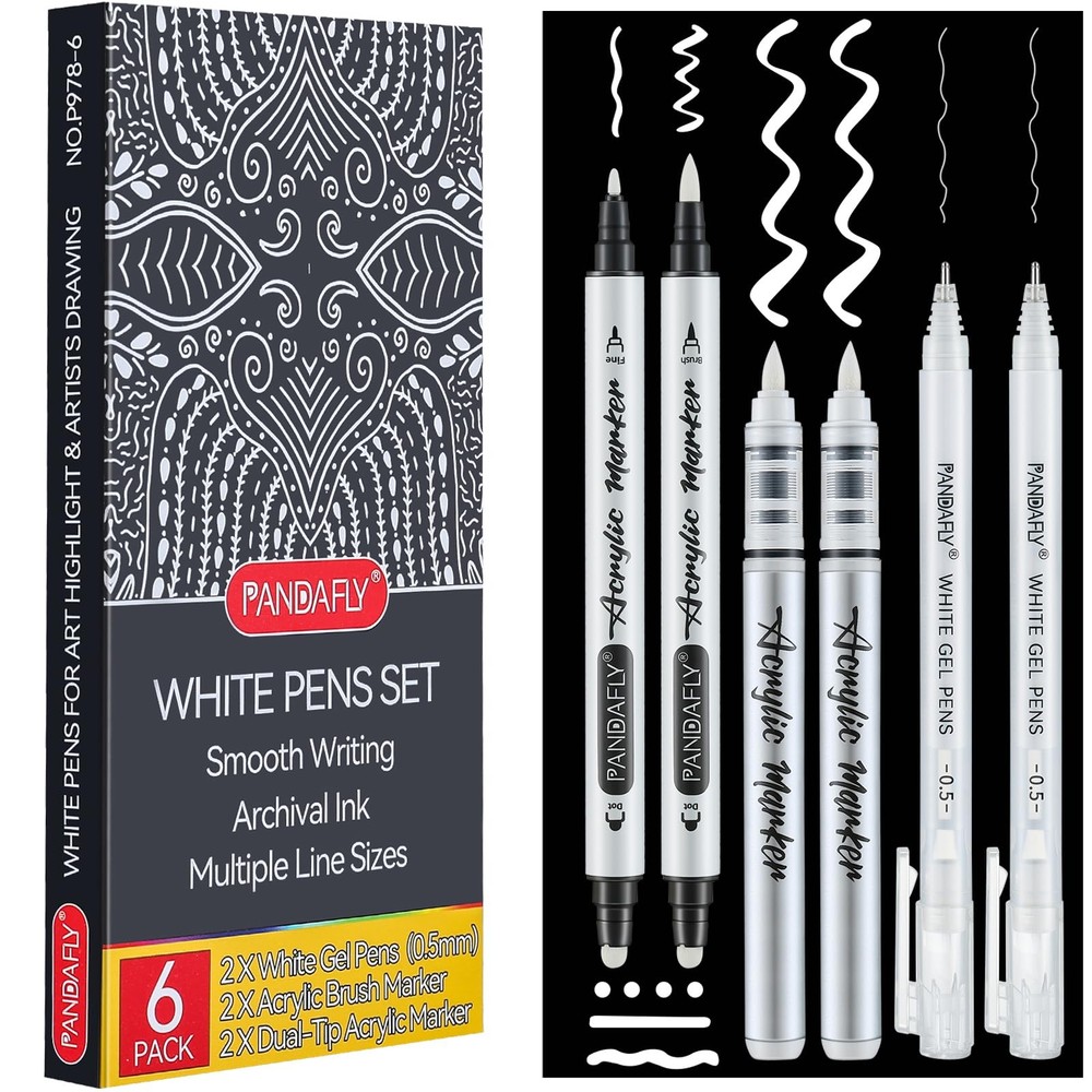 PANDAFLY White Ink Pens Set, 0.5mm Fine Point 1 Count (Pack of 6),