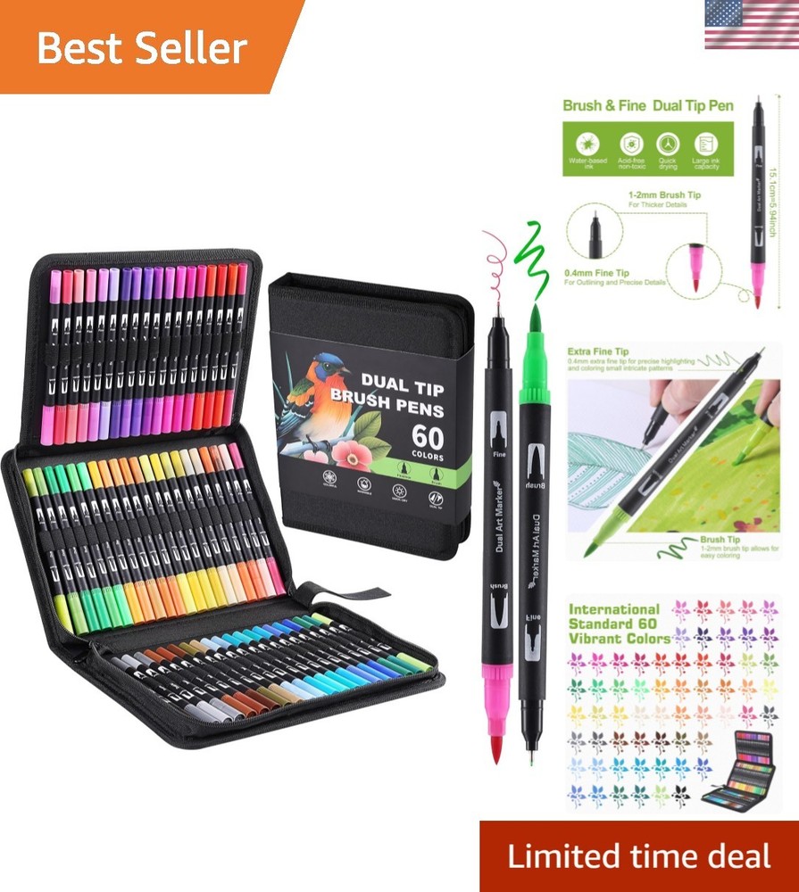 60 Colors Brush & Fine Dual Tip Watercolor Markers for Adult Coloring Books N…