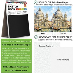 Soucolor 9″ x 12″ Sketch Book, 100 Sheets Top x (Pack of 1), Black