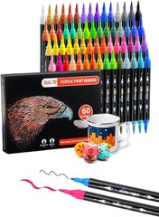 60 Color Acrylic Paint Art Markers Dual Tip Brush/Fine Wood Canvas Craft DIY