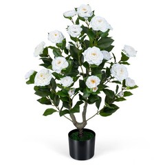 Artificial Camellia Tree Faux Flower Plant in Cement-Filled Pot-White