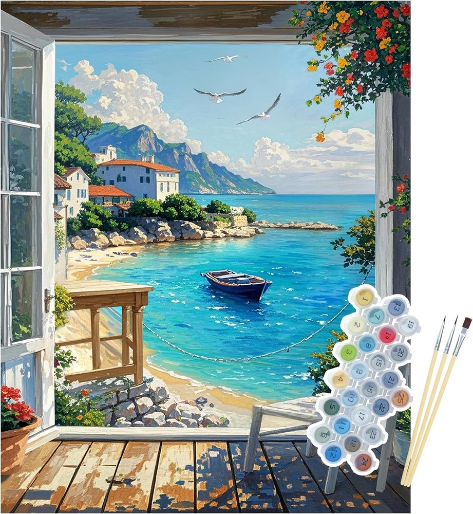 Paint by Numbers Kit for Adults Beginners,Seaside Scenery Paint by Numbers on Ca