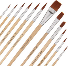 12 PC Brown Synthetic Hair round and Flat Paint Brush Set with Short Wood Handle