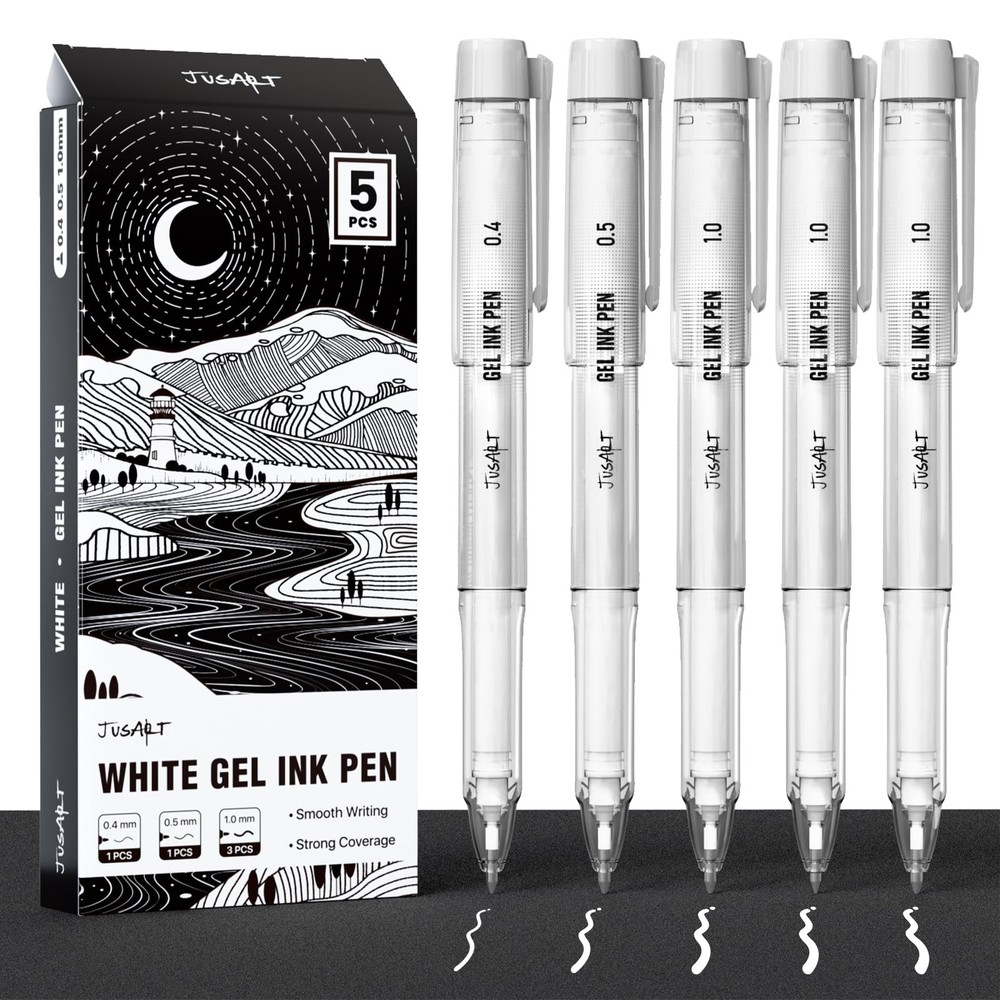 JusArt White Gel Pens with 0.4mm, 0.5mm & 1.0mm 1 Count (Pack of 5),