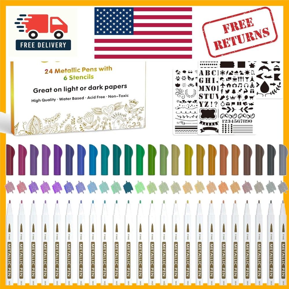 30 Assorted Fine Tip Metallic Markers – 24 Colors & Stencils for Craft Mastery