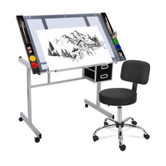 Drafting Table Craft Station Glass Top with Hydraulic Salon Stool Chair