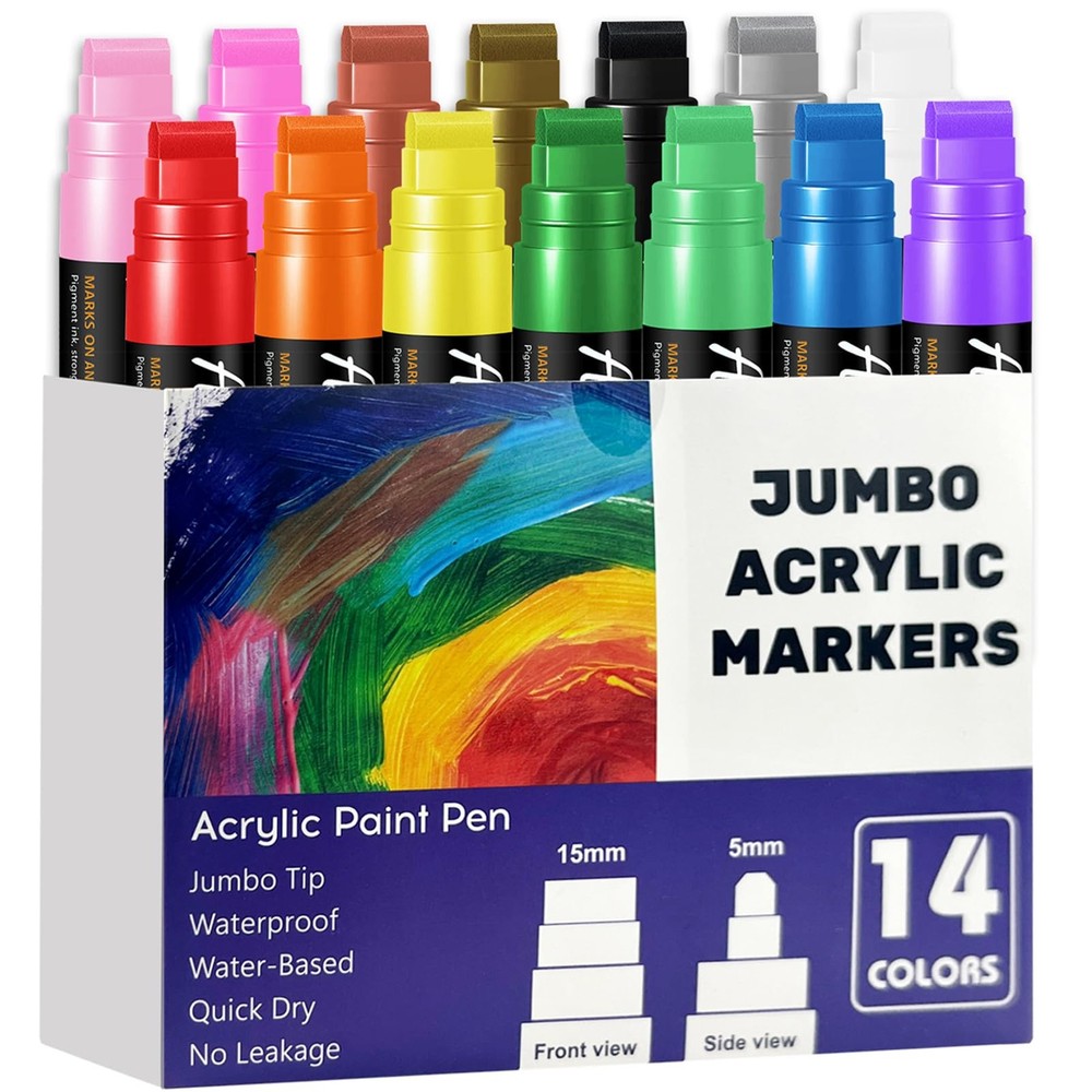 14 Colors Jumbo Markers, Jumbo Acrylic Paint Markers 15mm Wide Felt Tip Perma…