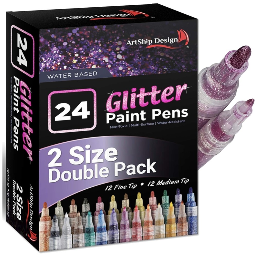 24 Glitter Pens for Rock, Ceramic, Glass, Fabric Painting
