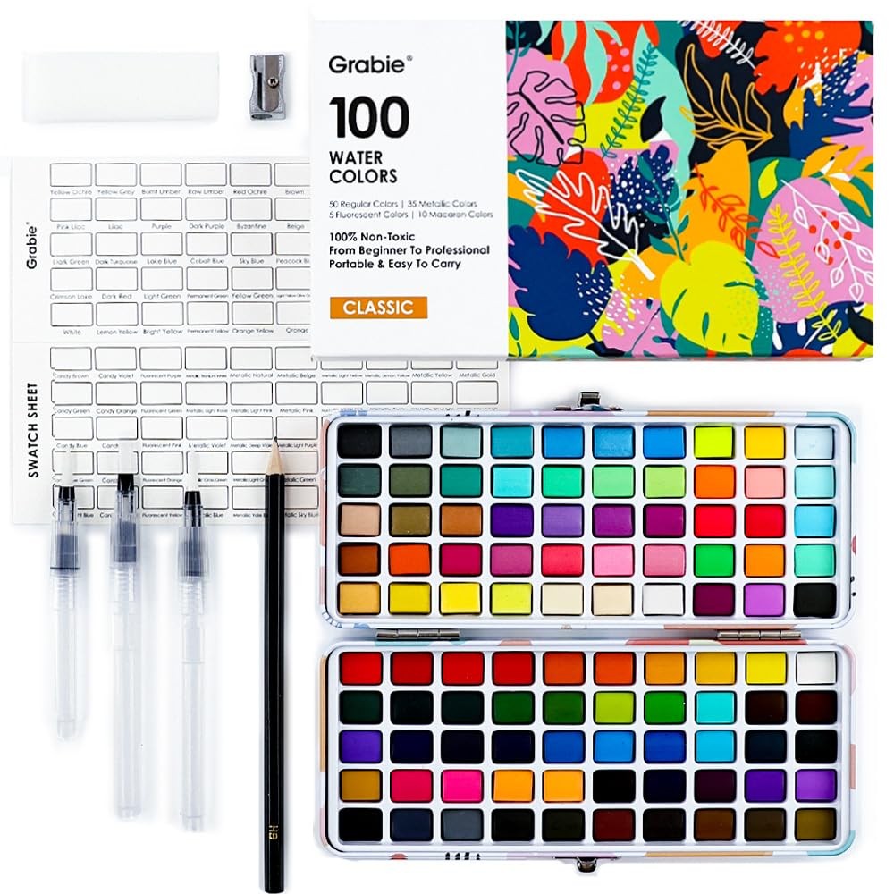 Grabie 100 Colors Watercolor Paint Set – 50 Regular, 35 Metallic, 10 Macaron and
