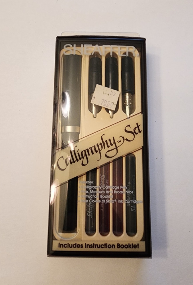 VTG SHEAFFER Calligraphy Set Black Fountain Pen 3 nibs w/Instructions Ink Is Dry
