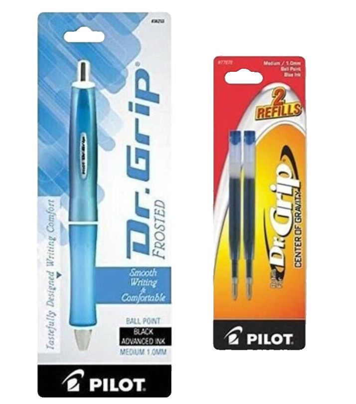 Pilot Dr. Grip Frosted Ball Point Pen Med. 1.0mm Blue/Blue Refill Office School