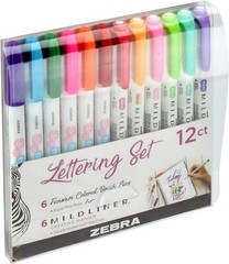 Zebra LETTERING SET 10012 Set of 12 pc Brand NEW! 6 Mildliner/6 Brush Pens