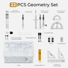 Nicpro 22 PCS Compass Geometry Tools with Case, Drafting Grey