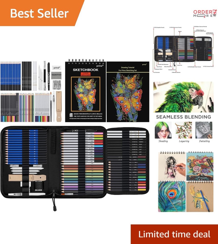76 Pack Drawing Set Sketching Kit with 3-Color Sketchbook for Artists Beginners