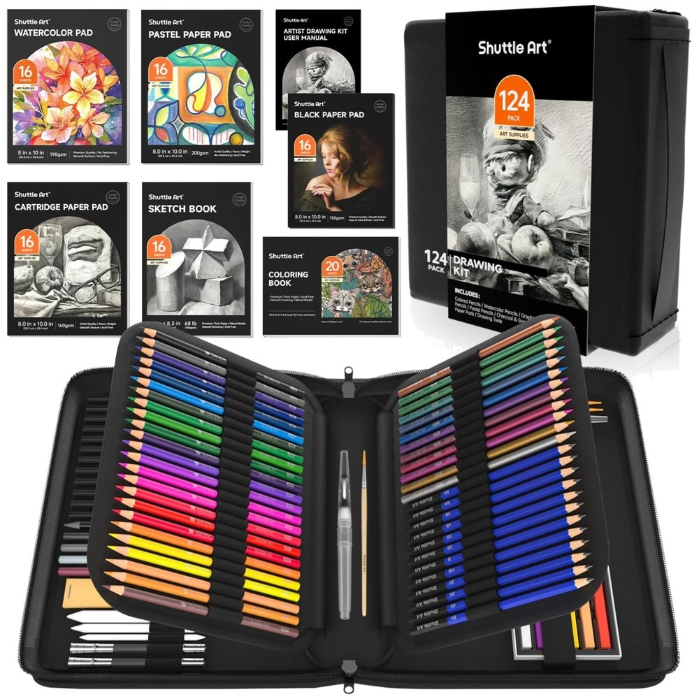 124-Piece Drawing Kit with Pencils & Paper Pads