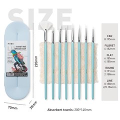 8 Pcs Blue Paint Brushes Set, Acrylic, Oil, Gouache, Flat, Round, Fan, Liner