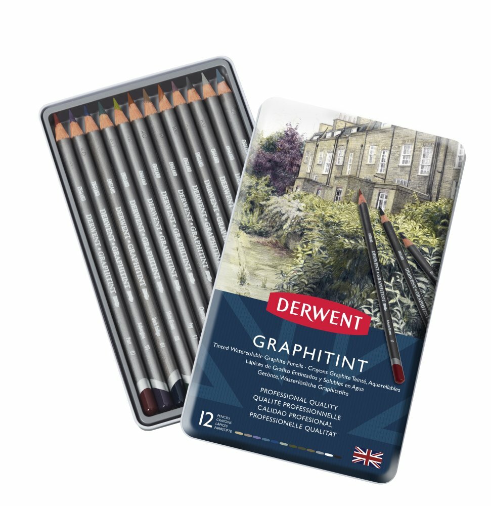 Derwent Graphitint 12 Tin Set of Tinted Graphite Water Soluble Colour Pencils