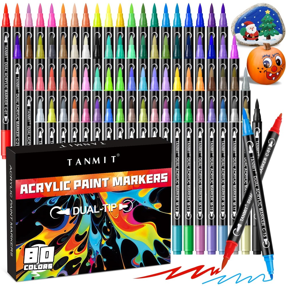 80 Colors Acrylic Paint Markers, Dual Tip Acrylic Paint Pens with Fine Tip an…