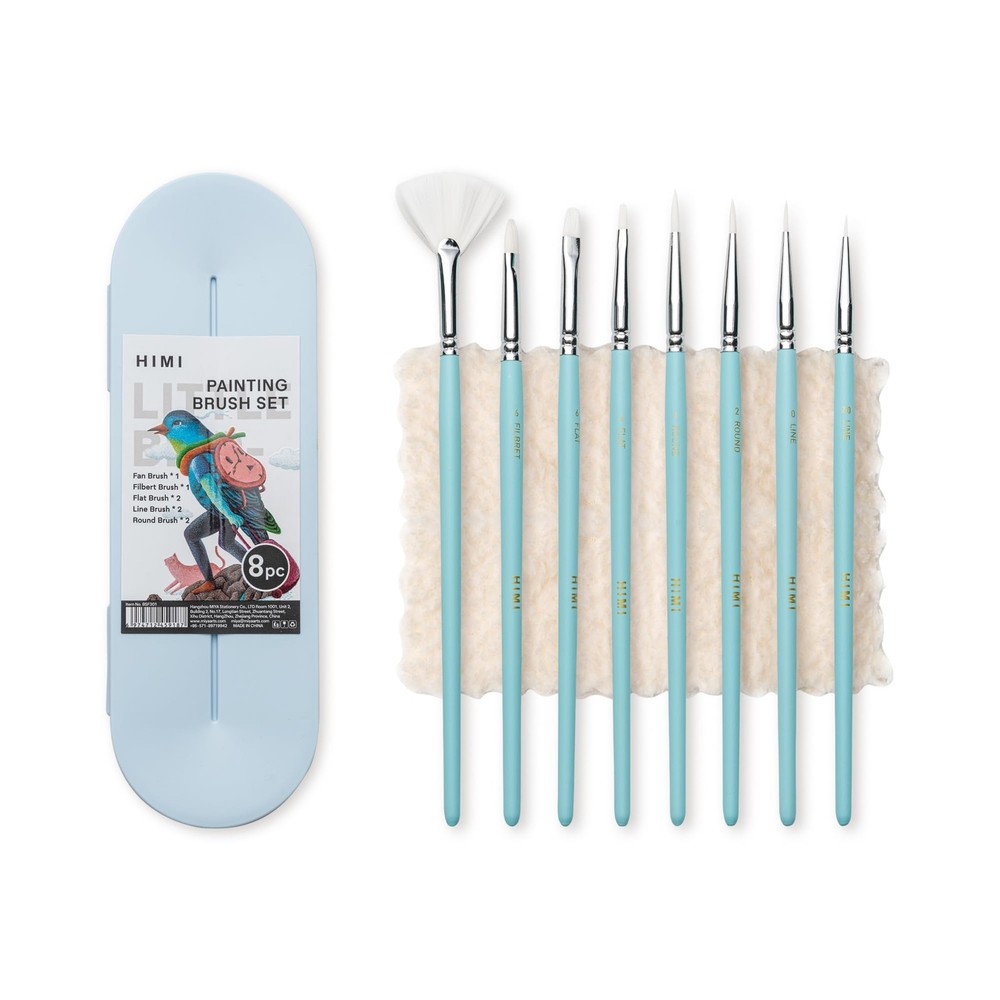 8 Pcs Blue Paint Brushes Set, Acrylic, Oil, Gouache, Flat, Round, Fan, Liner