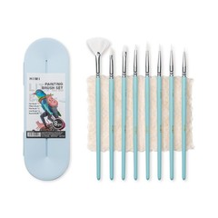 8 Pcs Blue Paint Brushes Set, Acrylic, Oil, Gouache, Flat, Round, Fan, Liner
