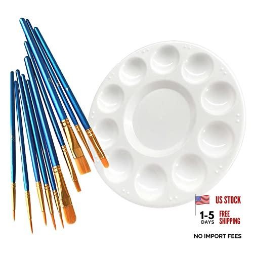 Paint Brushes Palette Set, 10pcs Nylon Hair Brushes and 1pcs Plastic Paint