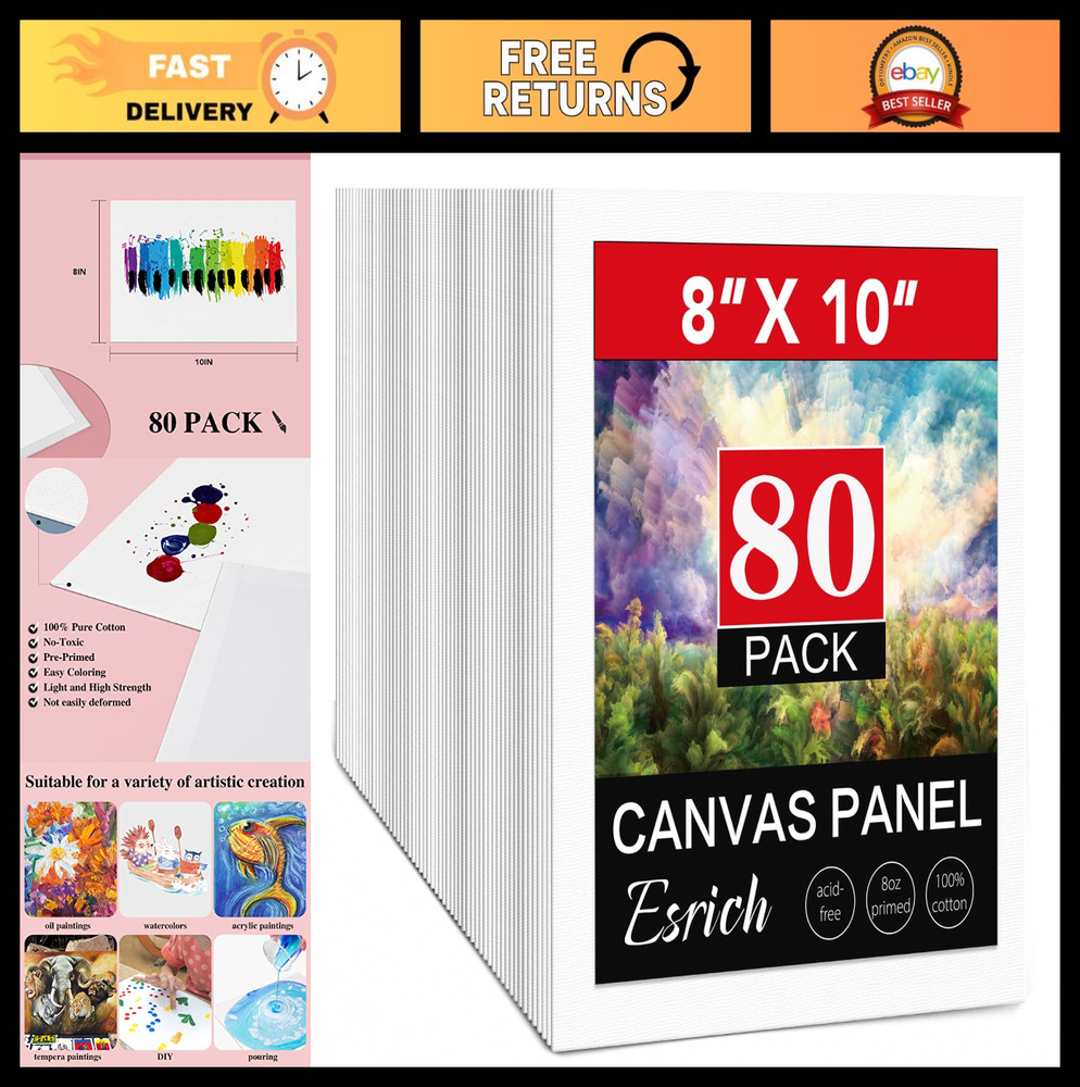 80 Pack 8×10 Blank Primed Canvas Boards for Oil, Acrylic, Watercolor Painting
