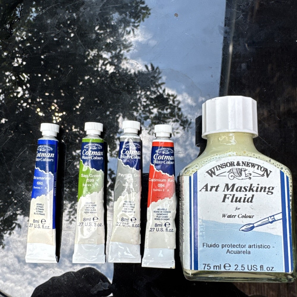 Winsor & Newton Watercolor Medium, 2.54 Fl Oz Art Masking Fluid & 4 Paints