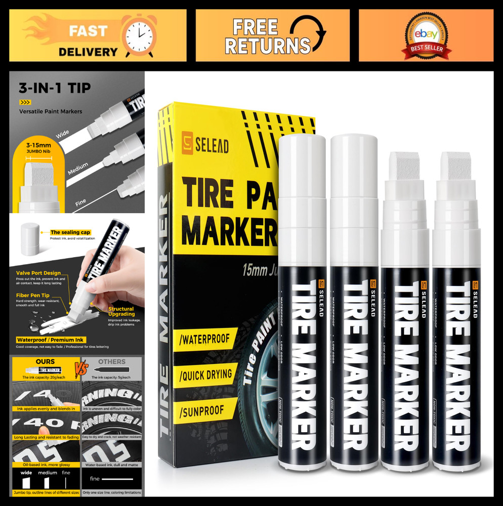 Jumbo Tire Marker Paint Pens – 4 Pack, 15mm Wide Tip, Waterproof Ink for Car Let