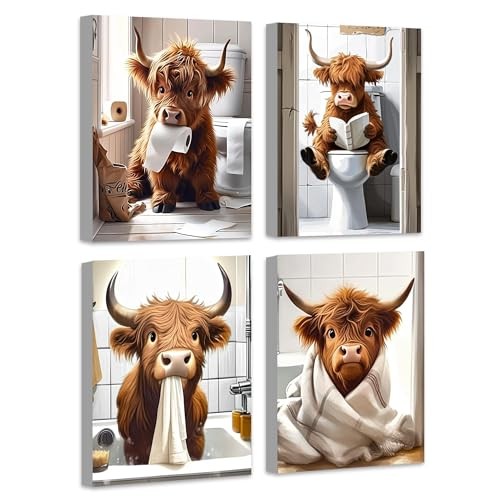 Cute Highland Cow Bathroom Framed Wall Art Funny Animal Rustic Canvas Prints