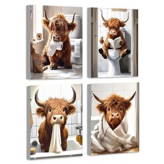 Cute Highland Cow Bathroom Framed Wall Art Funny Animal Rustic Canvas Prints
