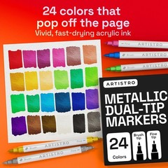 24 Metallic Acrylic Paint Markers – Paint Pens for Drawing, Brush + Fine Tips –