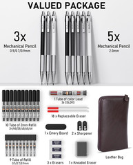 38PCS Art Mechanical Pencils Set in Leather Case, 3 PCS Metal Drafting Pencil 0.