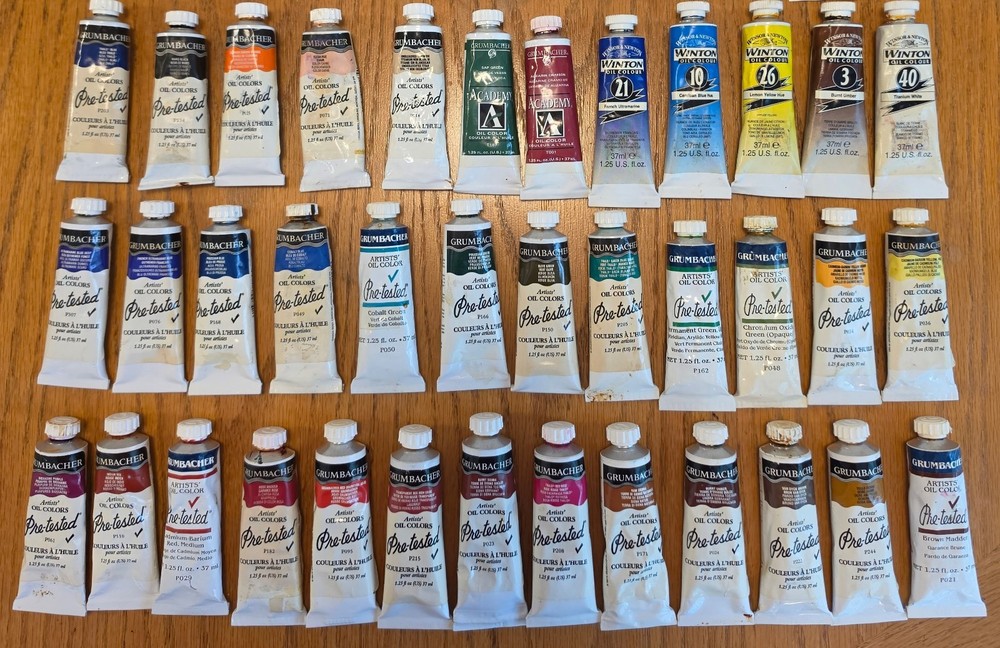37-Tube Artist Oil Paint Lot Grumbacher Pre-Tested, Winsor & Newton, Mixed Use