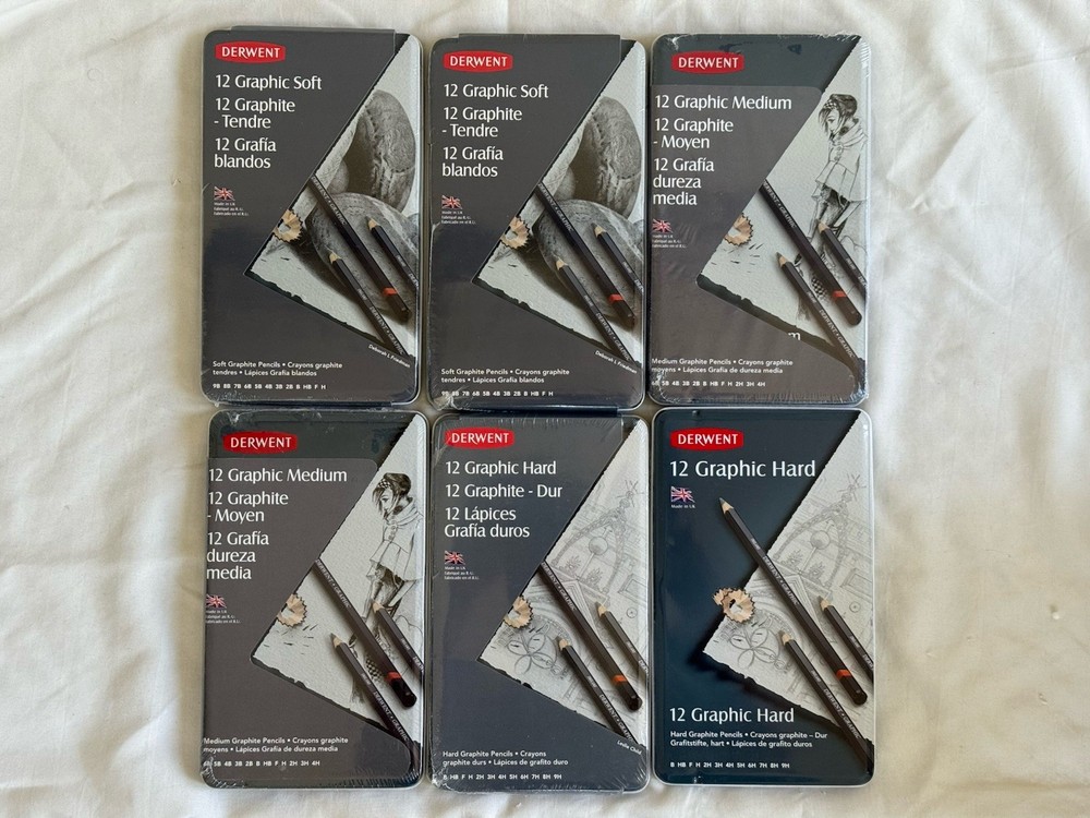Lot of 6 Derwent Graphic Drawing Pencils 12 Tin Set Soft Medium Hard NEW Sealed