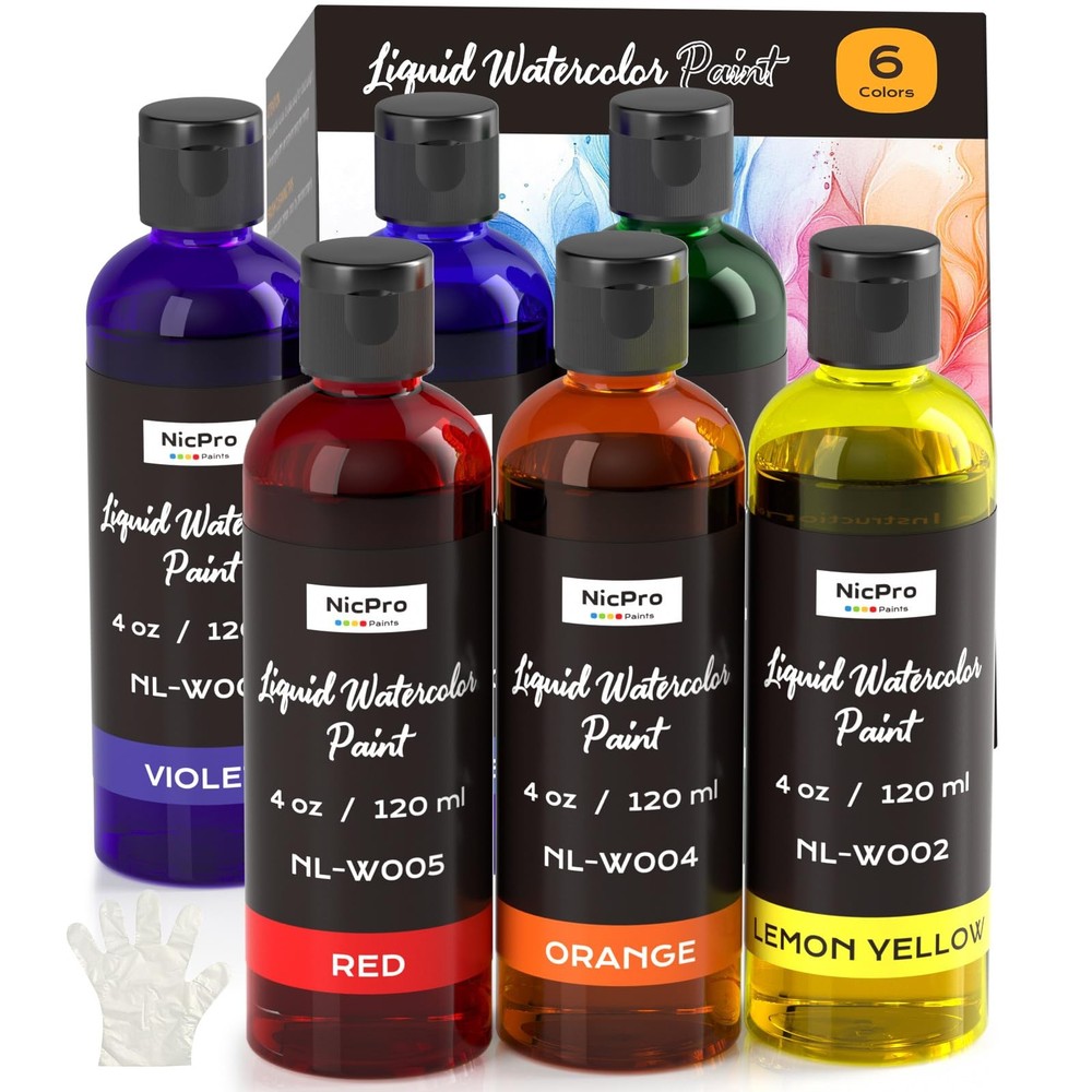 Nicpro 6 Colors Liquid Watercolor Paint Set, 4 Fl Oz (Pack of 6), 6
