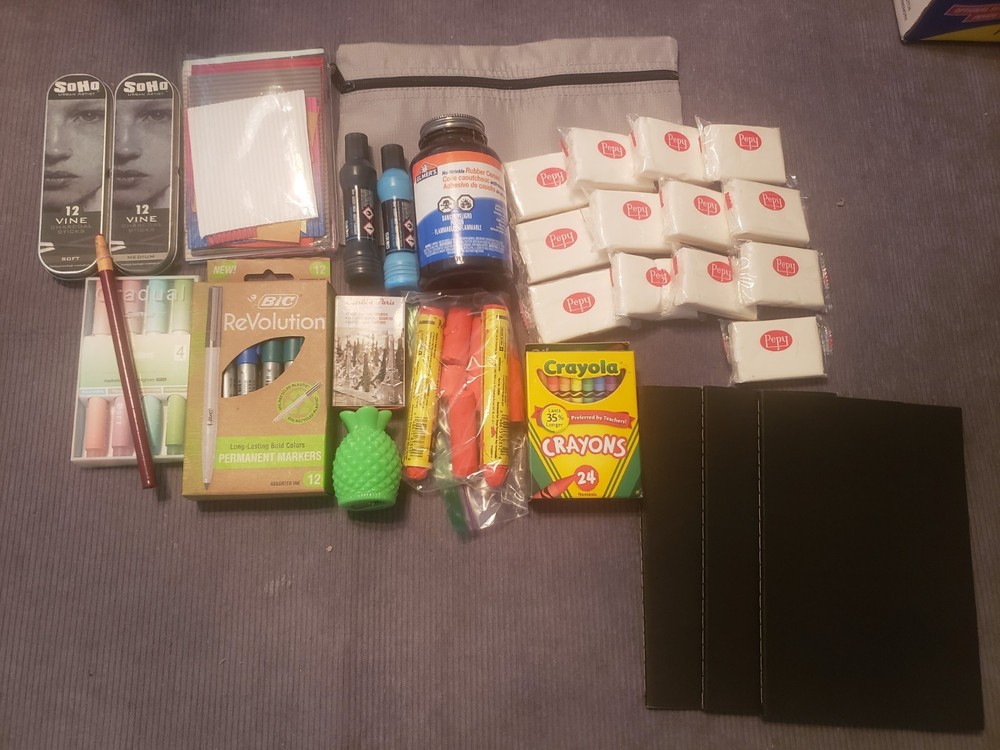 Art Supplies Lot – Mixed New & Used Crayons Clay Markers Collage Charcoal Paint