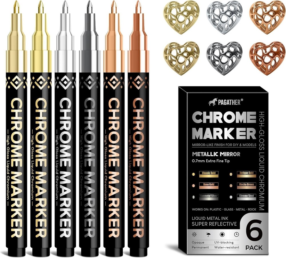 6 Colors Chrome Paint Markers, Permanent Mirror Liquid Chrome Pens for Plastic,