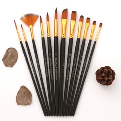 Polished Wood Handle Paint Brush Set 12Pcs for Comfort Gouache, Canvas Painting