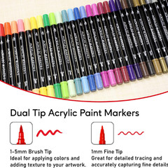 30 Colors Acrylic Paint Markers, Dual Tip Fine and Brush Tips for Detailed Art