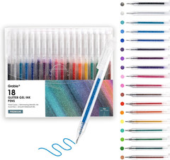 Grabie Glitter Gel Pens 18 Colors, Metallic Vibrant Sparkle Gel Pens for Colorin