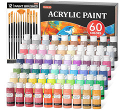 Set pintura acrílica 72 pzs, 60 colores, 12 pinceles, 60 ml, resistente agua