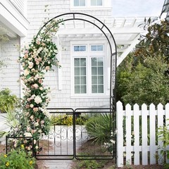 7.2ft Black Iron Garden Arch with Arched Top and Gate Metal Arbor Trellis