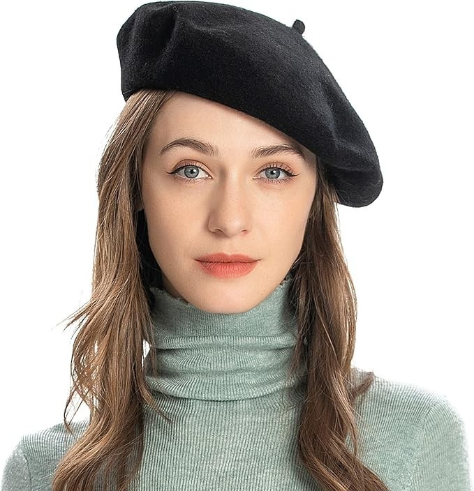 Wool French Beret Hat Solid Color Beret Cap for Women Girls One Size Black